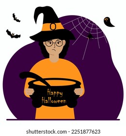 A woman in a costume for the celebration of halloween. Poster for Happy Halloween celebration. Vector flat illustration