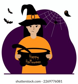 A woman in a costume for the celebration of halloween. Poster for Happy Halloween celebration. Vector flat illustration