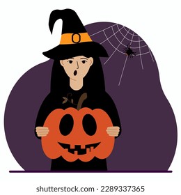 A woman in a costume for the celebration of halloween. Poster for Happy Halloween celebration. Vector flat illustration