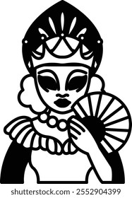 A woman in a costume holding a fan