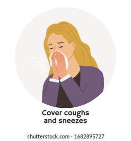 Woman cough, sneezing. Coronavirus 2019-nCoV symptom. Isolated vector illustration