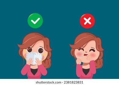 Woman cough wearing mask and without mask. color bubble like do and don't. Healthy way to safe from dust pm2.5 with mask n95. Health care concept.