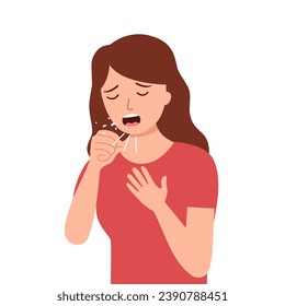 Woman coughing concept vector illustration. Sick person, ill and cold, flu and virus, influenza in flat design. Female sneeze and cough.