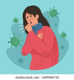 Woman coughing and difficulty breathing. People with coronavirus symptoms