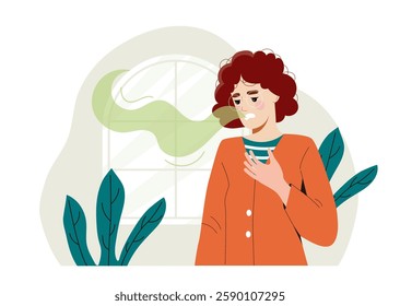 Woman coughing with green smoke near window. Flat graphic style on white background. Concept of air pollution. Vector illustration