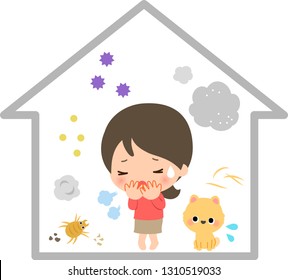 A woman coughing with house dust