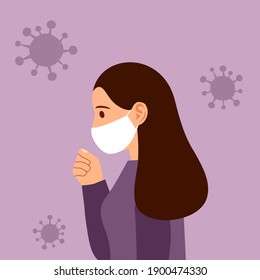 Woman coughing inside medical face mask with virus cells on background. Sick person, ill and cold, flu and virus, influenza in flat design. Female sneeze and cough. Pneumonia epidemic cartoon style.