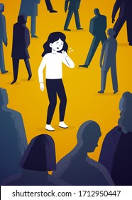Woman coughing in a large crowd