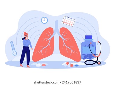 Woman coughing near huge lungs vector illustration. Stethoscope, pills, medicine in bottle. Long cough, whooping cough, respiratory diseases concept