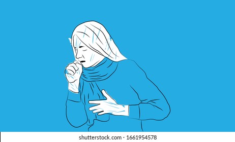 woman coughing and sick because of infectious virus/disease/flu simple hand drawn design style minimal vector illustration