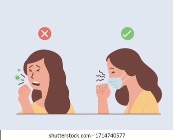 Woman coughing and Sneezing make a virus spreading and Woman wearing a surgical mask for stop spread Diseases. Illustration about correctly and incorrectly way when you sick.