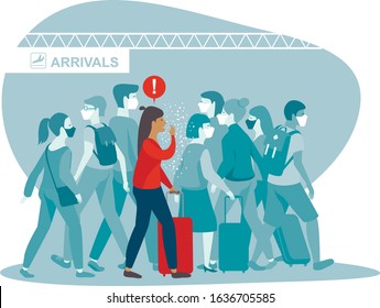 woman coughing spreads virus or bacterial infection in airport arrival area  COVID-19 outbreak in Europe  concept vector illustration