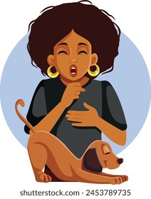 
Woman Coughing Suffering from Dog Allergy Vector Illustration. Girl suffering being sensitive to her own pet animal 
