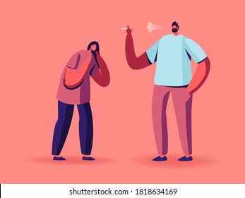 Woman Coughing Suffering Of Smoke Stand Near Man Smoker With Cigarette. Character Passive Second Hand Harm Smoking In Public Place, Unhealthy Bad Habit Problem. Cartoon People Vector Illustration