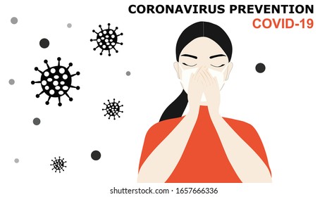 Woman coughing and wearing face mask COVID-19 coronavirus prevention vector illustration. Coronavirus design concept background