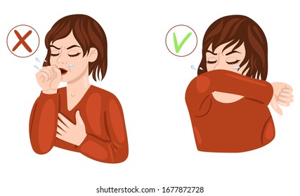 Woman coughs in the arm and elbow isolate on a white background. Banner on measures to prevent the spread of infection. Vector graphics.