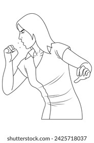 Woman coughs in outline and vector format.