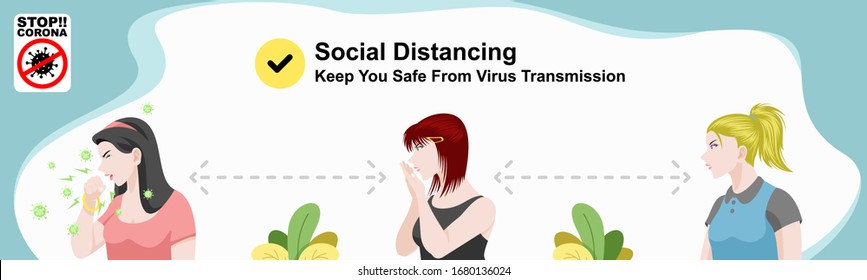 A woman coughs in a public place carries a virus. Social distancing infographic, Stay safe by keeping a distance from people in public areas. Keep you safe from virus transmission. Covid-19 outbreak