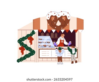 Woman at the counter of chalet sells Christmas pretzels to kids. Children buy food in decorated Xmas stall in festive winter market, funfair. Flat isolated vector illustrations on white background