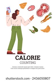 Woman counting calorie using mobile app vector poster. Cartoon quality analysis tracking for organic products and diet dishes. Vegetables, fruits, meat and fish. Proteins, fats and carbs diagram