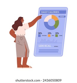 Woman counting calorie using mobile app. Daily quantity kcal. Proteins, fats and carbs diagram. Analysis tracking for products and diet dishes. Vector cartoon illustration isolated on white