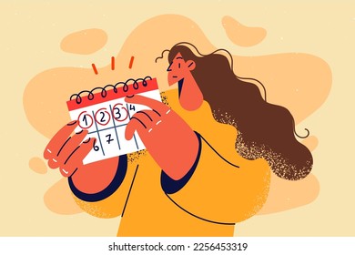 Woman counting days in calendar. Confused girl check dates in agenda. Time management and organization. Vector illustration. 