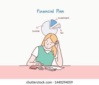 Woman counting the money at home. Hand drawn style vector design illustrations.