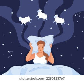 Woman counting sheep. Girl trying sleep counts blue sheeps beauty lamb in dark, sleepless night sleeping deprivation or female insomnia, asleep vector illustration of night insomnia, stress disorder