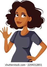 
Woman Counting Showing Five Fingers Vector Cartoon Illustration. Happy smiling girl raising her palm for high five gesture 
