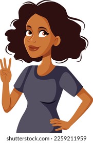 
Woman Counting Showing Three Fingers Vector Cartoon Illustration. Smiling pretty girl of African ethnicity counting showing number three 
