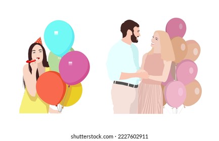 Woman and couple with air balloons on white background, collage. Vector illustration