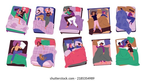 Woman and couple in bad. Sleeping characters top view. Happy people asleep alone or couples in blanket with blankets and pillows, deep dream. Nighttime rest. Vector cartoon flat set