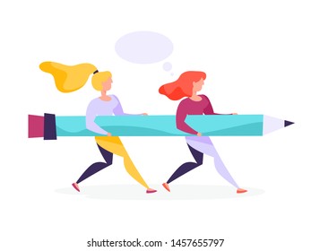 Woman couple holding a big pencil. Female person as a writer. Blogger concept. Isolated vector illustration in cartoon style