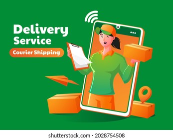 Woman courier delivery package service with mobile phone