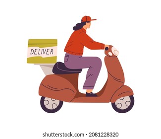 Woman courier driving scooter with delivery box. Deliverywoman riding moped. Person delivering food and goods on motorbike. Female on motor bike. Flat vector illustration isolated on white background