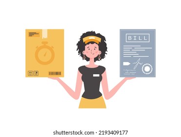 A woman courier is holding a box and a check. Home delivery concept. Isolated. Trendy flat style. Vector.