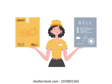 A woman courier is holding a box and a check. Home products. Food delivery. Isolated. Cartoon style. Vector.