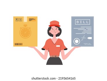 A woman courier is holding a parcel and a check. Home delivery concept. Isolated. trendy style. Vector.
