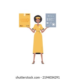 A woman courier is holding a parcel and a check. Delivery concept. Isolated. Trendy flat style. Vector.