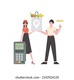 Woman courier holds a package with groceries. Delivery concept. Isolated. trendy style. Vector.