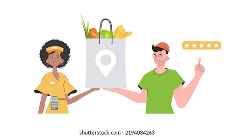 Woman courier holds a package with groceries. Home products. Food delivery. Isolated. trendy style. Vector.