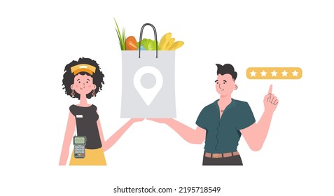 Woman courier holds a package with groceries. Home products. Food delivery. Isolated. Cartoon style. Vector.