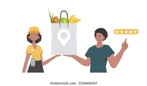 Woman courier holds a package with groceries. Home products. Food delivery. Isolated. Trendy flat style. Vector.