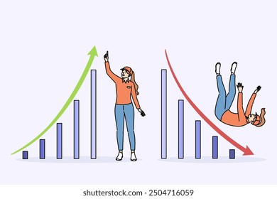 Woman courier near rising and falling graph symbolizing changing trends in logistics business. Courier girl falls after onset of crisis and decrease in flow of customers from online stores