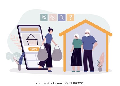 Las mujeres envían compras a los abuelos. Entrega de paquetería y comestibles a pareja de ancianos. servicio social para ancianos. Entrega rápida para ancianos. compra y tienda online.