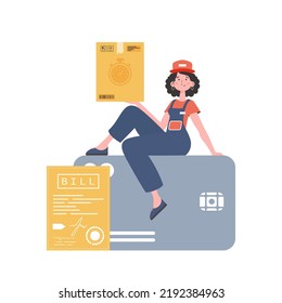 A woman courier sits on a bank card and holds a box. Home delivery concept. Isolated. Trendy flat style. Vector.