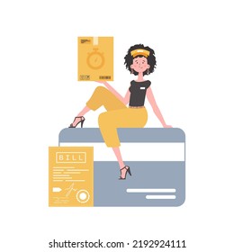 A woman courier sits on a bank card and holds a box. Home products. Food delivery. Isolated. Trendy flat style. Vector.