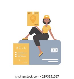 A woman courier sits on a bank card and holds a box. Home products. Food delivery. Isolated. Cartoon style. Vector.