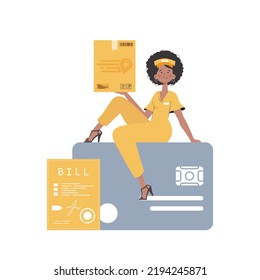 A woman courier sits on a bank card and holds a parcel. Home delivery concept. Isolated. trendy style. Vector.