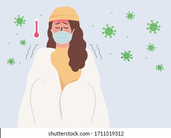 Woman cover body with blankets and wear a Hygiene mask. She shivering with high Fever from Coronavirus infections. Illustration about symptoms of Covid-19 patients.